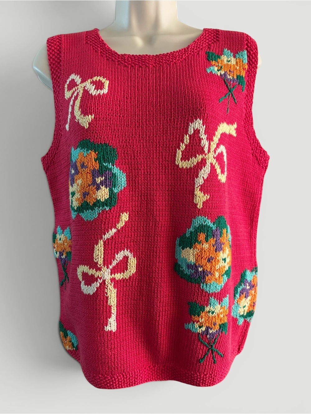 Vintage Berek Fuchsia Pink Floral Hand-knit Novelty  Sweater Vest Size M